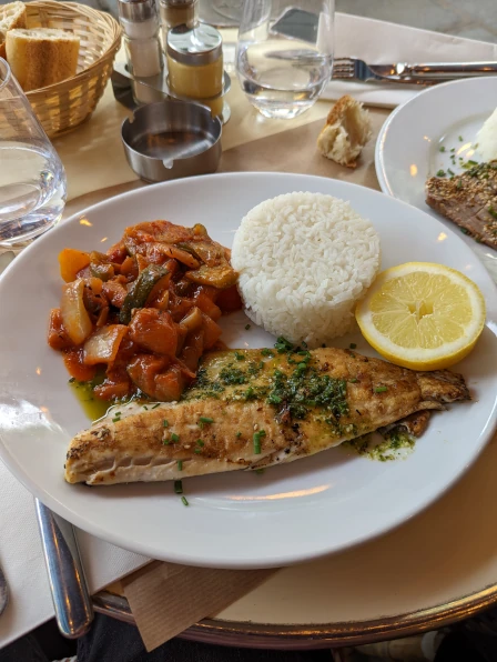 A delcious restaurant lunch of sea bass and ratatouille on a sunny day in Paris, France