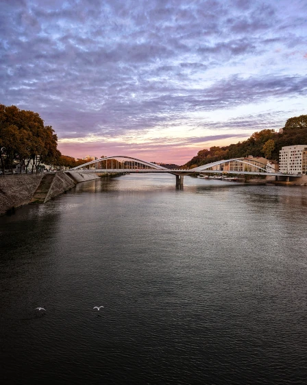 A bridge with a beautiful sunset in Lyon and two white birds flying over a river