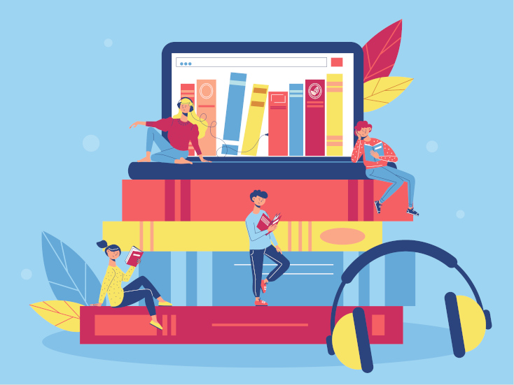 People listening to audiobooks and sitting on books attached to a laptop.