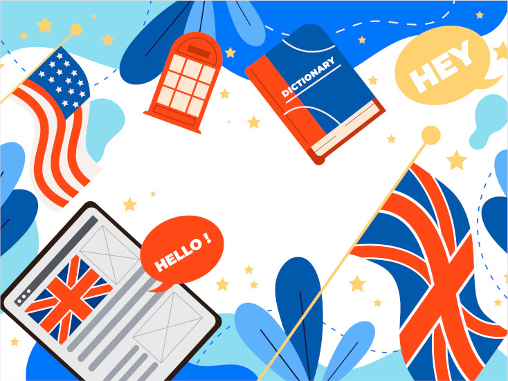 Collage of an American flag, a British flag, a red telephone box, and an English dictionary
