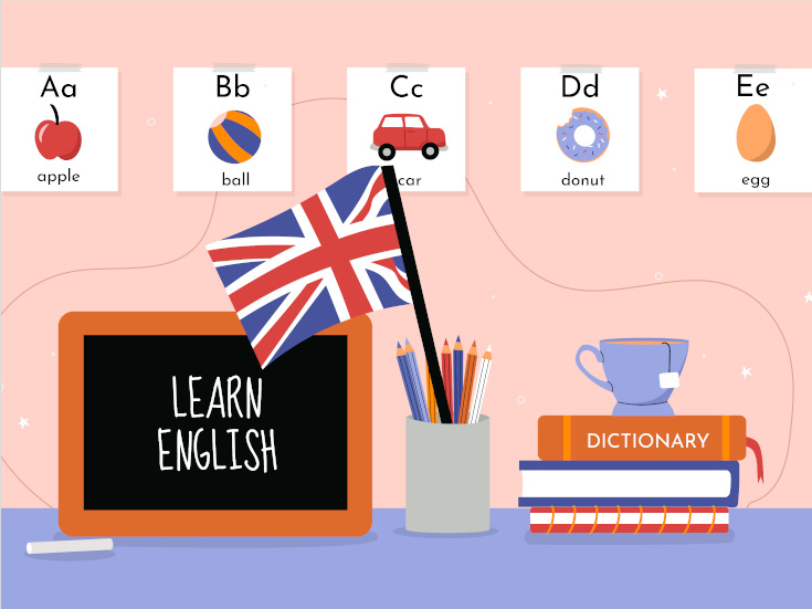 Learning English classroom with vocabulary words on the wall and a dictionary and tea cup on the desk.